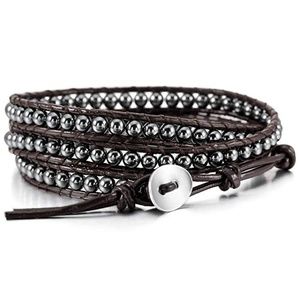 Hematite 3 Wrap Bracelet On Chocolate Leather NWT